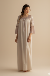 قميص نفاس طويل بلون بيج مع دانتيل روز فاخر #1130