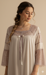 قميص نفاس طويل بلون بيج مع دانتيل روز فاخر #1130