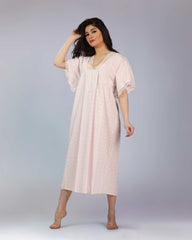 قميص نوم دانتيل طول ميدي بلون وردي ناعم #1304