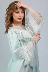 Pure cotton maternity shirt with tulle collar and polka dot pattern