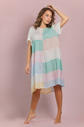 Short patchwork jalabiya with colorful checks in viscose cotton