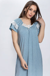 قميص نوم طويل قطن بامبو مع دانتيل ناعم #1502