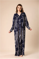 جلابية لون كحلي ملكي – بنقشة أزهار هندسية بيضاء #1208