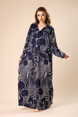 جلابية لون كحلي ملكي – بنقشة أزهار هندسية بيضاء #1208