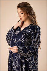 جلابية لون كحلي ملكي – بنقشة أزهار هندسية بيضاء #1208