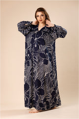 جلابية لون كحلي ملكي – بنقشة أزهار هندسية بيضاء #1208