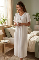 قميص نوم ميدي كم واسع مع ورود مطرزة على الصدر #1514