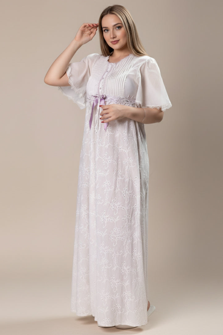 Embroidered cotton postpartum dress with round sleeves