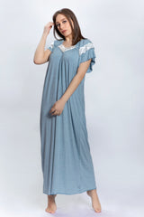 قميص نوم طويل قطن بامبو مع دانتيل ناعم #1502