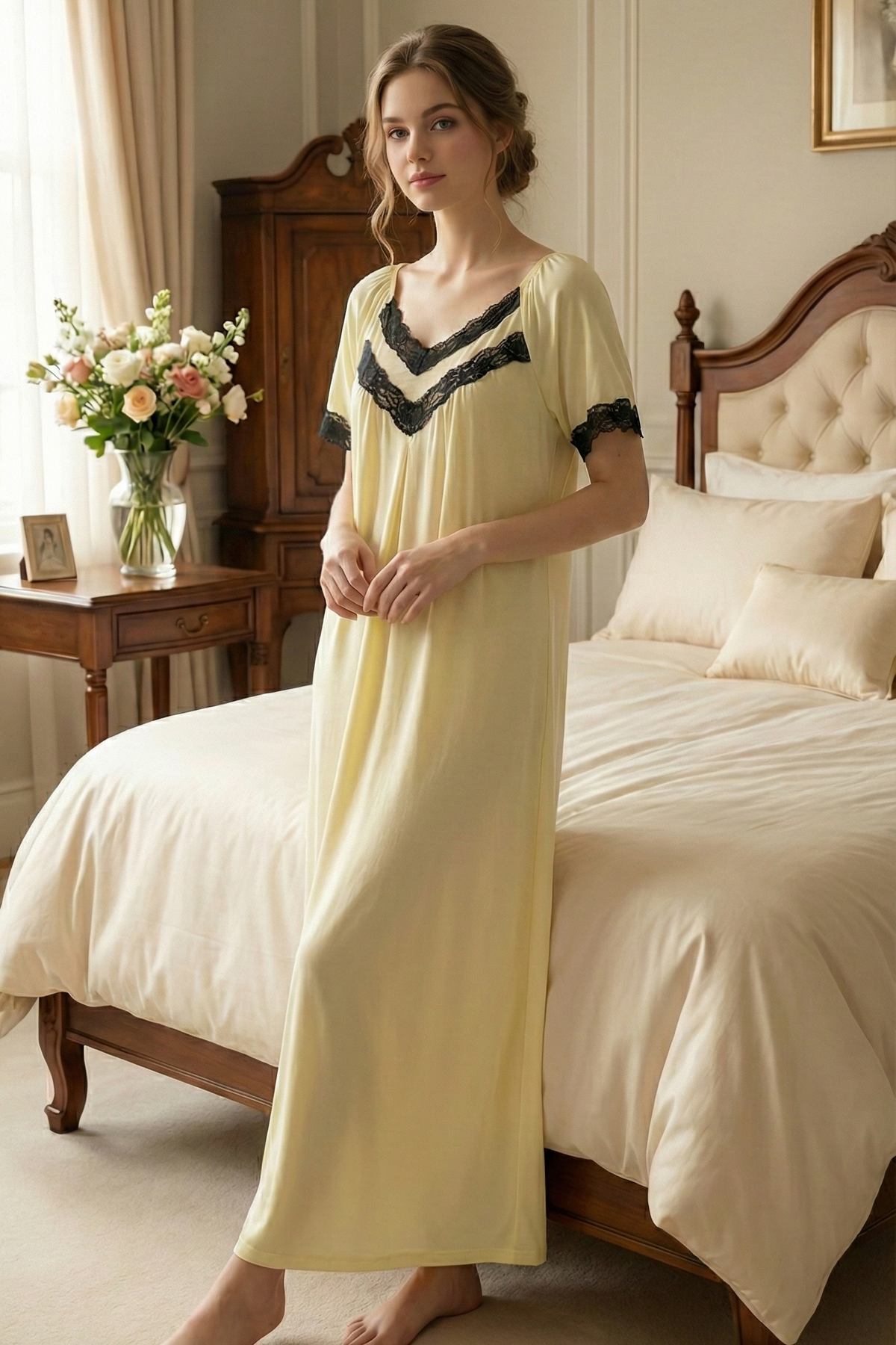 قميص نوم قطن بامبو بتصميم كلاسيكي ومريح # 1504